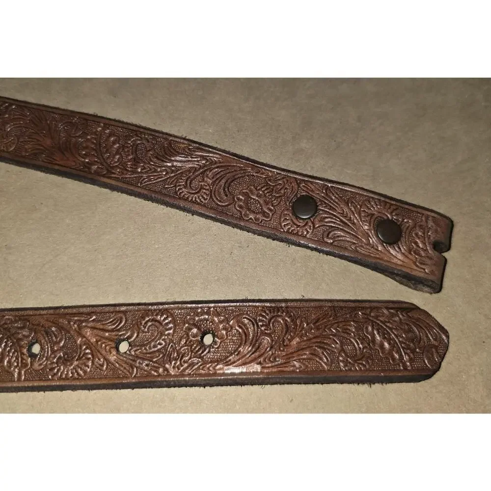 vintage TOOLED buckle belt WESTERN leather 46 brown COWHIDE floral cowboy rodeo